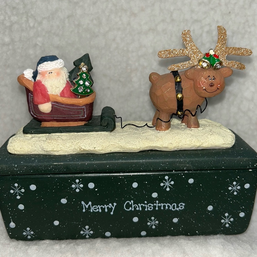 Merry Christmas Santa Reindeer bling green trinket ceramic heavy 3 sections 6"